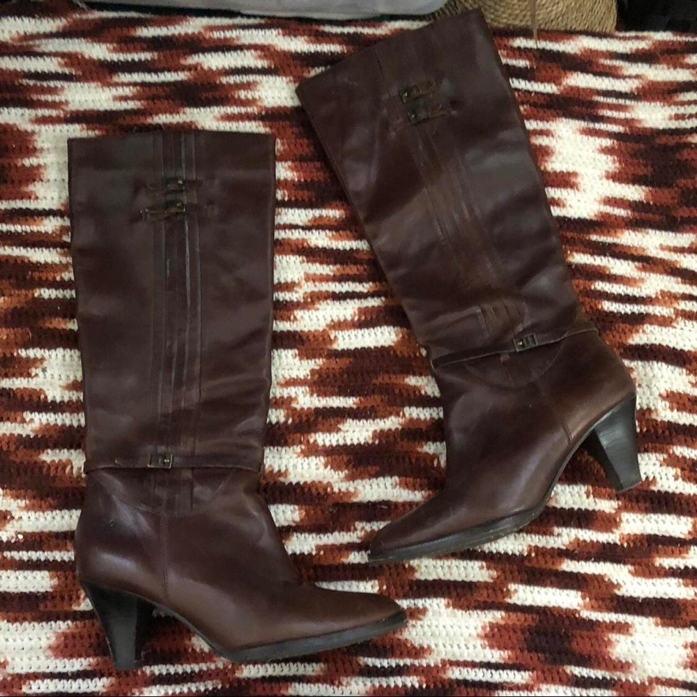 Frye Brown Leather Tall Knee High Buckle Harness Western Boho Cowgirl Boots Goth